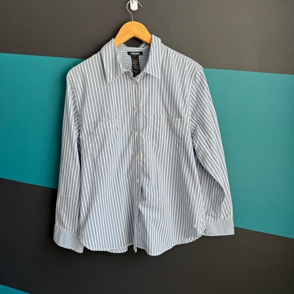 Olsen stripped Gray and White Button Down Shirt with Crisp Cotton Blend - Picture 1 of 8